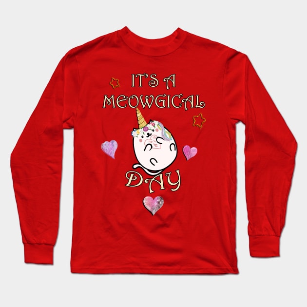 Valentines Day Unicorn Cat It’s A Meowgical Day! Heart & Stars Cat Valentine Long Sleeve T-Shirt by tamdevo1